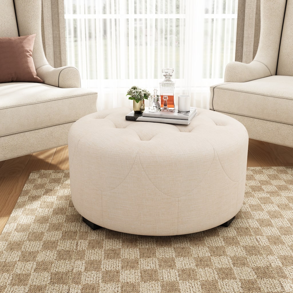 Round Upholstered Ottoman with Button Tufted Top and Wooden Legs