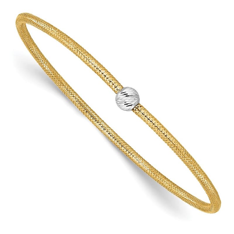 Curata 14k Two tone Gold 7" 2.25mm Textured Bead Mesh Stretch Bracelet