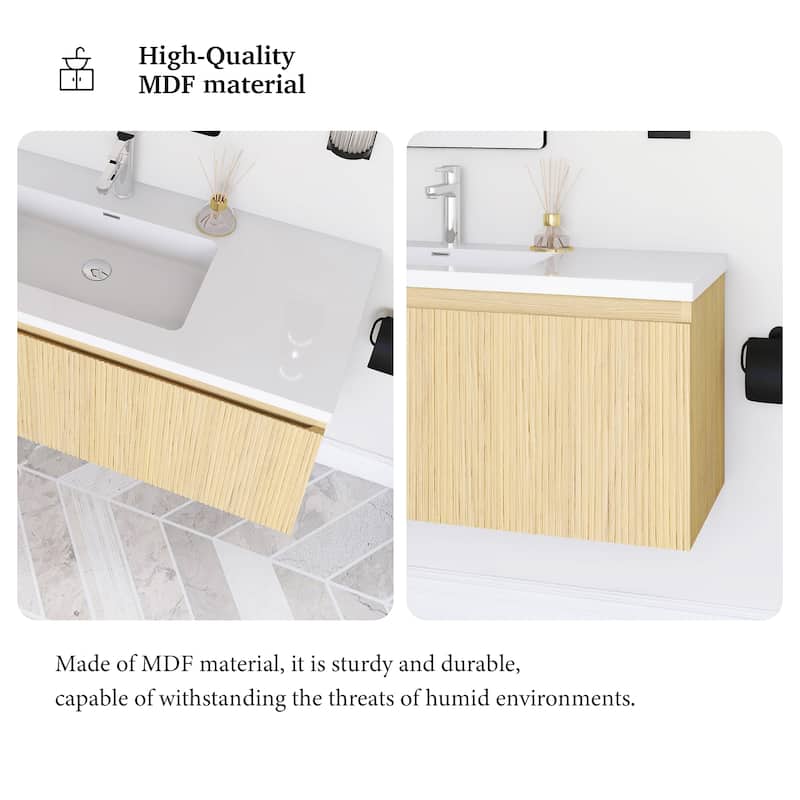 Floating Bathroom Vanity in Yellow Oak with Integrated Resin Top