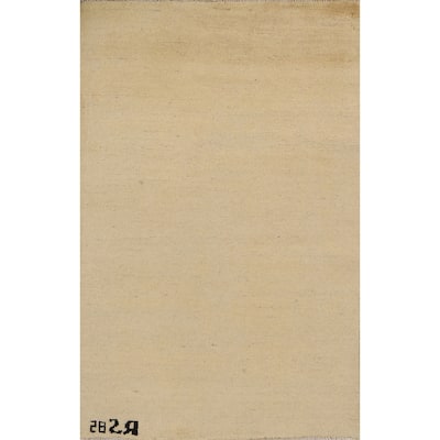 Muted Yellow Gabbeh Modern Foyer Rug Handmade Solid Wool Carpet - 2'7"x 4'1"