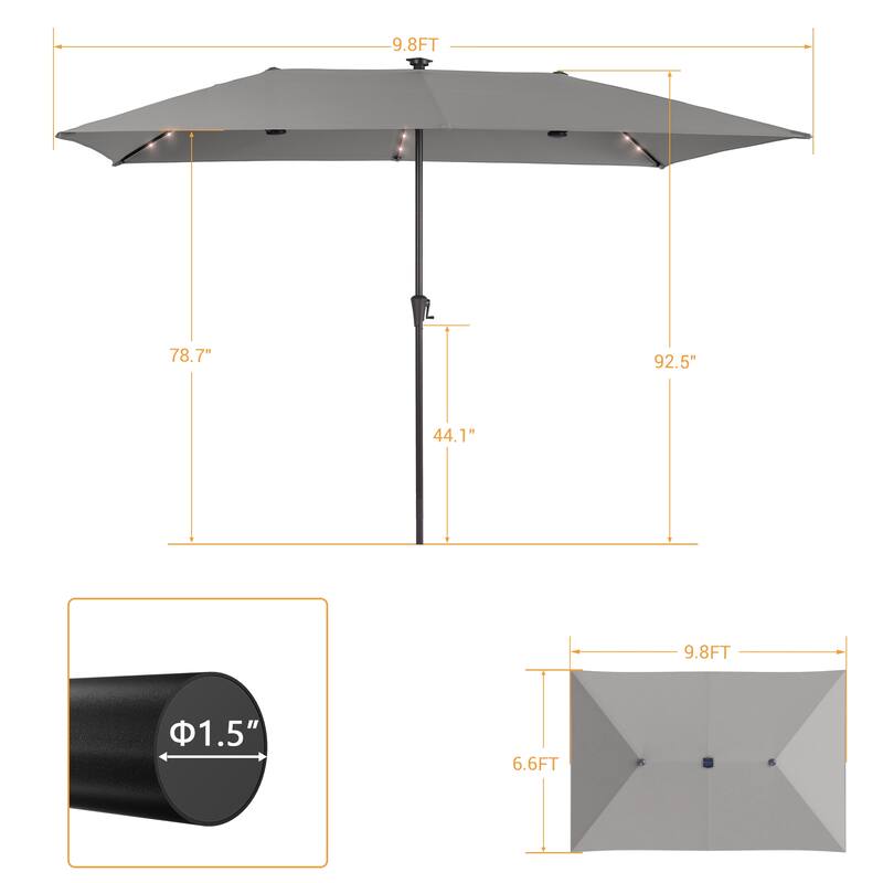 LIVOOSUM 10 x 6.5Ft Solar-powered Large Double-Sided Rectangular Outdoor Patio Market Umbrella with Crank, Gray