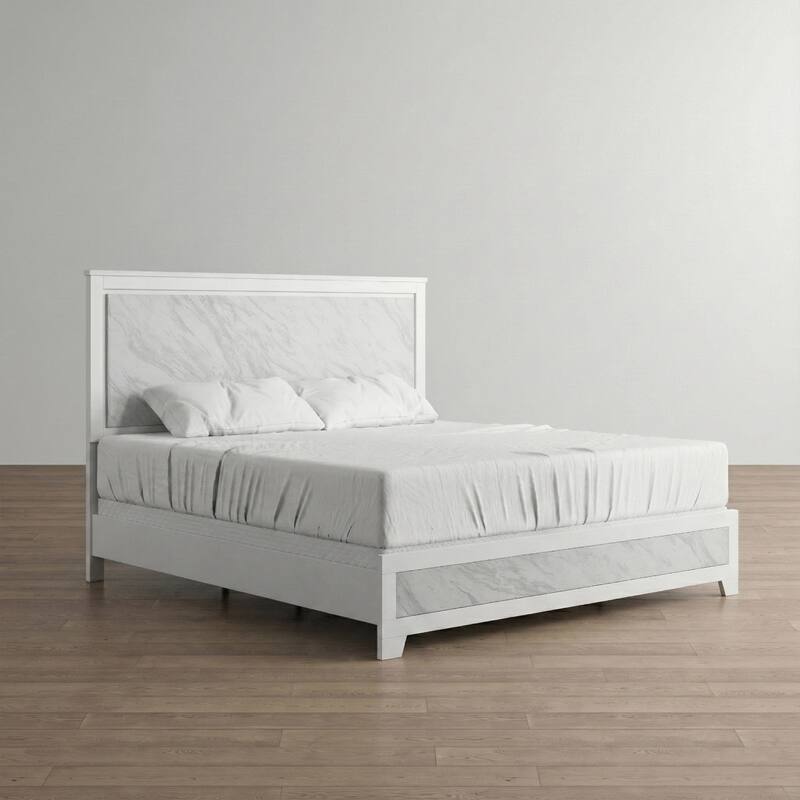 Furniture of America Loris Modern White Panel Bed with Faux Marble Headboard - Queen