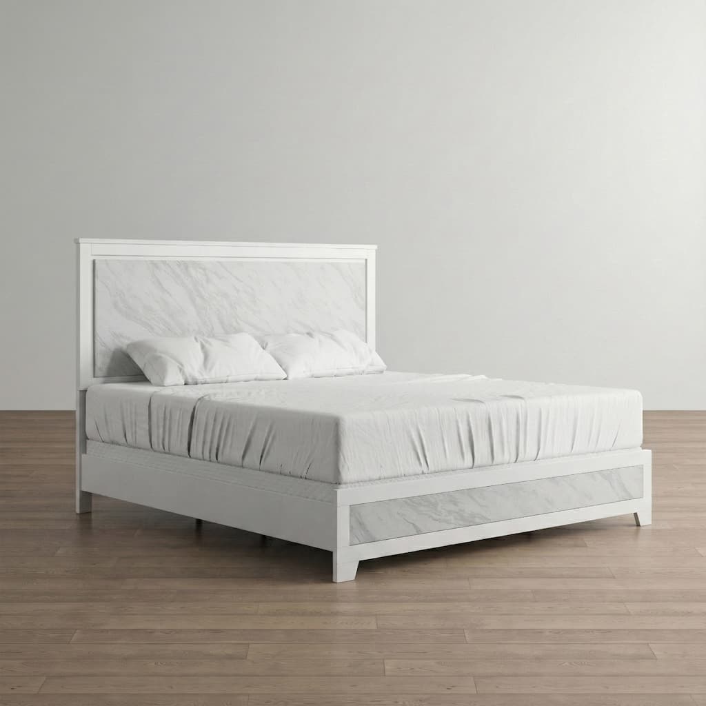 Furniture of America Loris Modern White Panel Bed with Faux Marble Headboard