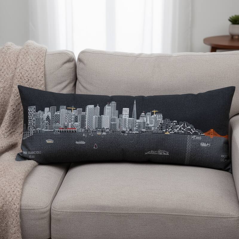 HomeRoots 46" Black San Francisco Nighttime Skyline Lumbar Decorative Pillow