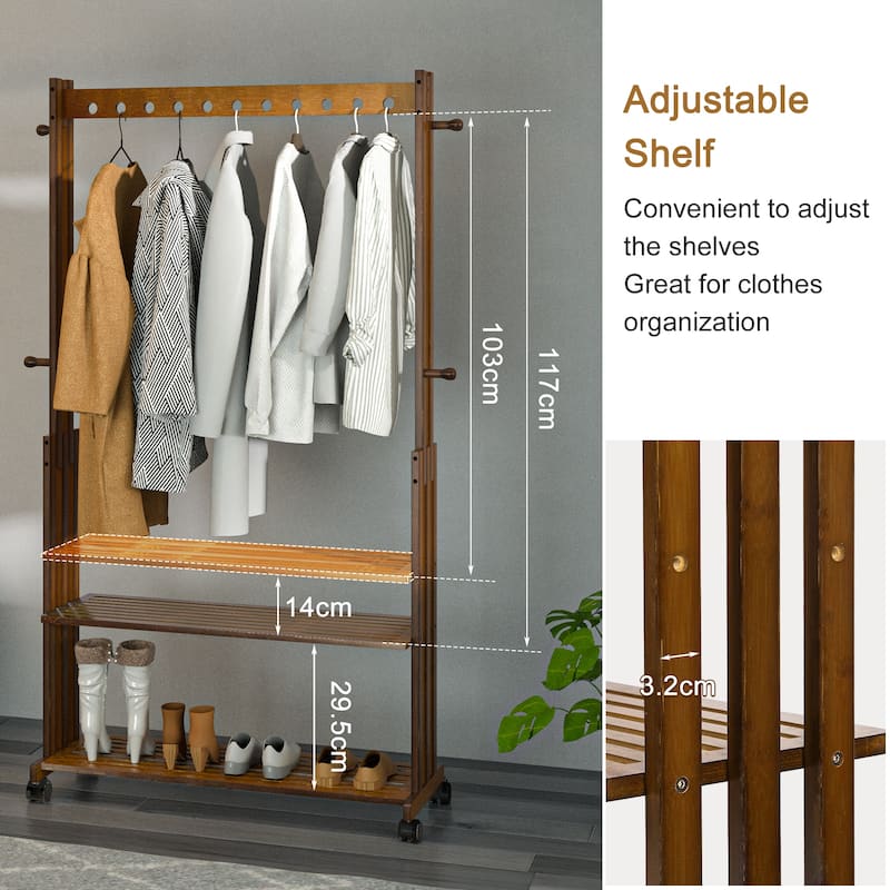 Bamboo Garment Rack Clothing Stand on Wheels with 2 Tier Storage