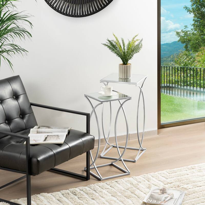 Glitzhome Set of 2 Glam Glass Modern Square/Octagon Gold/Silver Side Table Sofa Table