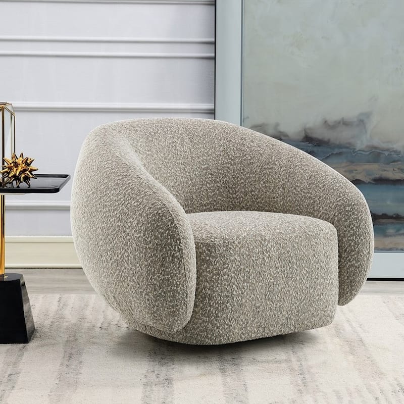 Boucle Fabric Upholstered Swivel Chair in Brown