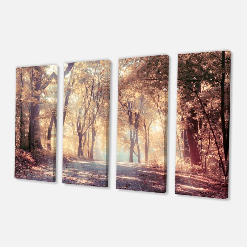 Designart "Golden Autumn Beautiful Forest" Landscape Artwork Canvas Print - 48 in. wide x 28 in. high - 4 Panels