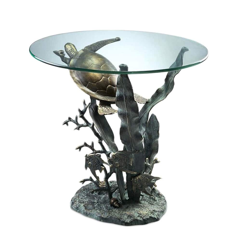 Bronze Finish Sea Turtle Glass Top Table - 23 X 22 X 22 inches