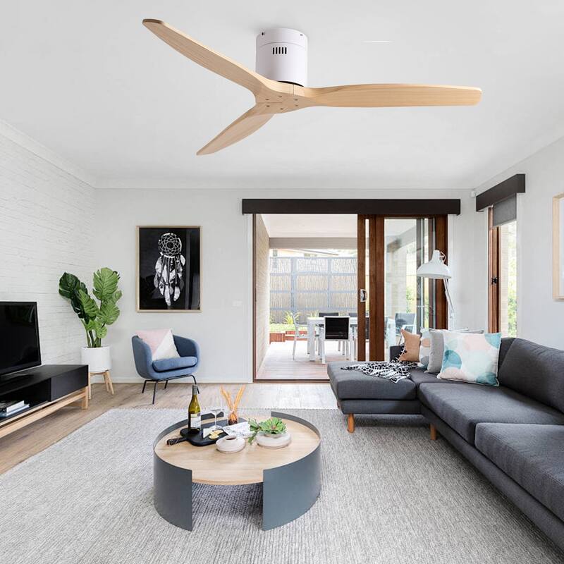52In. Farmhouse Indoor Flush Mount Low Profile Ceiling Fan with Solid Wood Blades and Remote Control