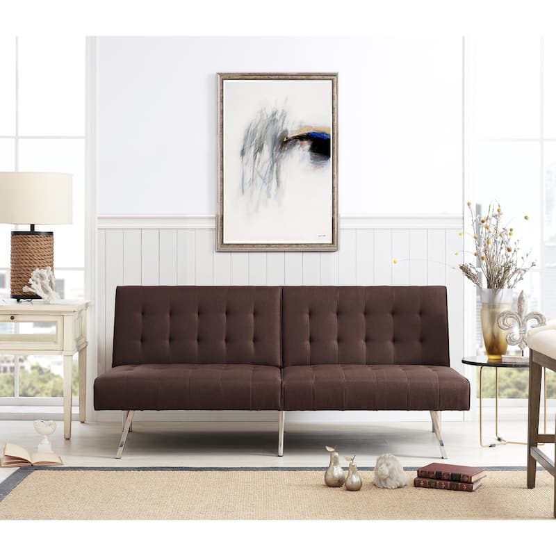 Tufted Mid-Century Modern Split Back Futon Sofa Couch Bed with Chrome Legs - Espresso,Linen