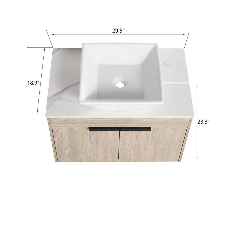 30"Modern Design Float Bathroom Vanity with Ceramic Basin Set,Wall Mounted White Vanity with Soft Close Door