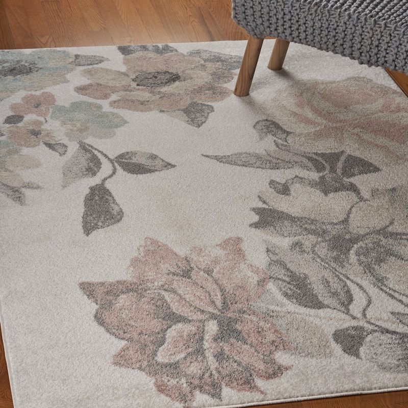 Maeve Farmhouse Grey/Pink Floral Performance Indoor Area Rug by Sevita
