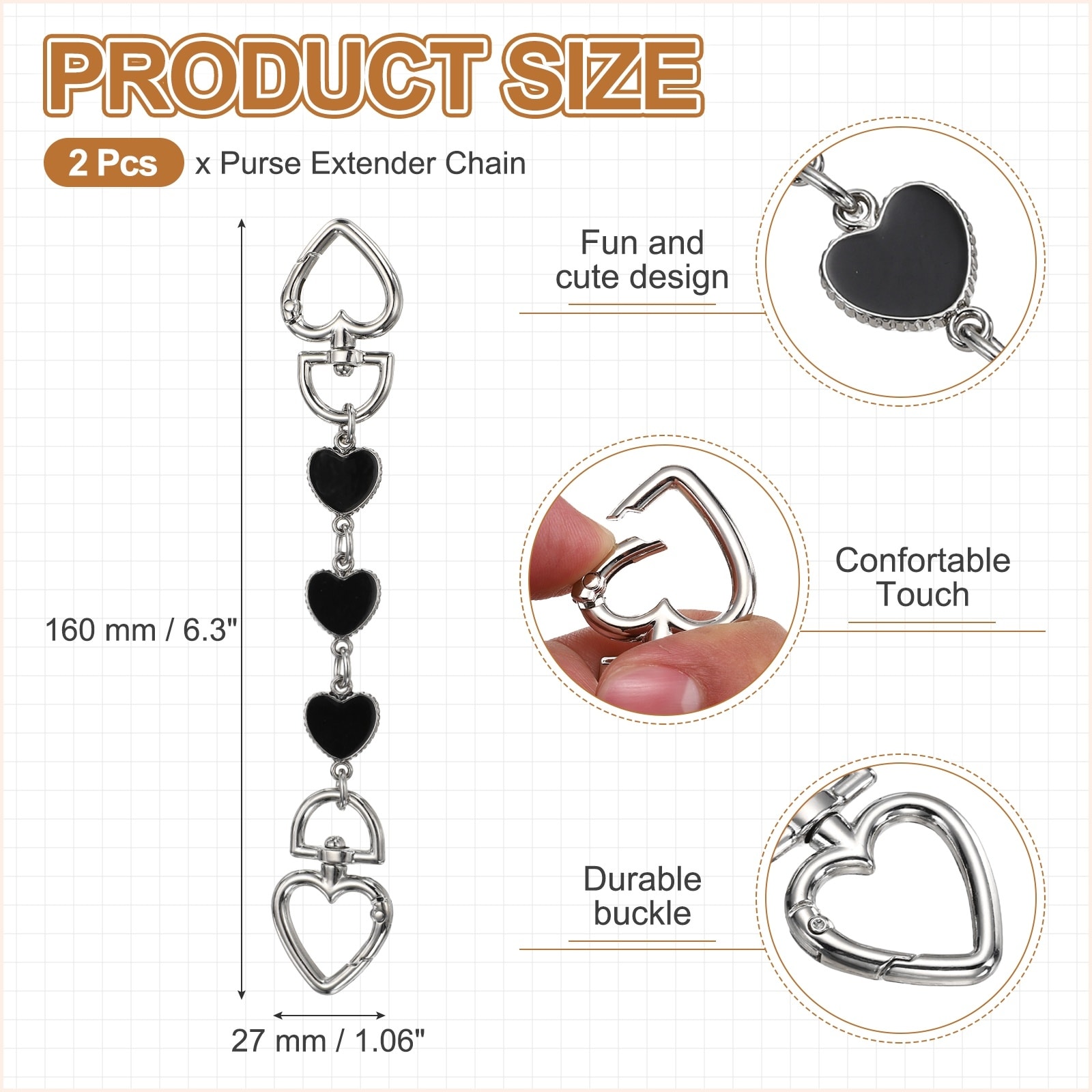 Bag Extender Chain, Metal Heart Purse Chain Extension Decorative Strap, Women Bag Charm