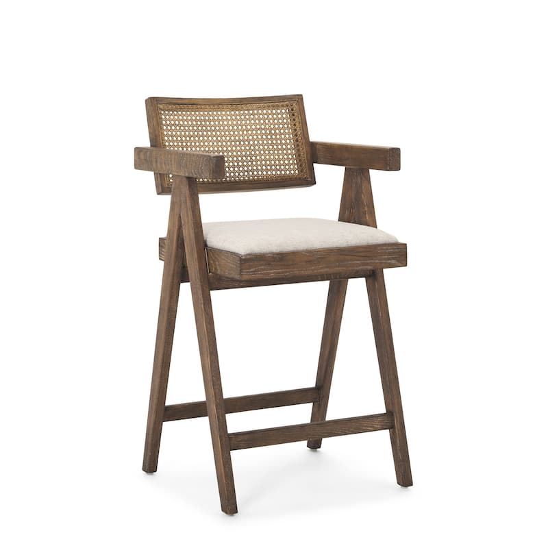 HomeRoots 24" Off White and Brown Fabric and Solid Wood Low Back Counter Height Bar Chair