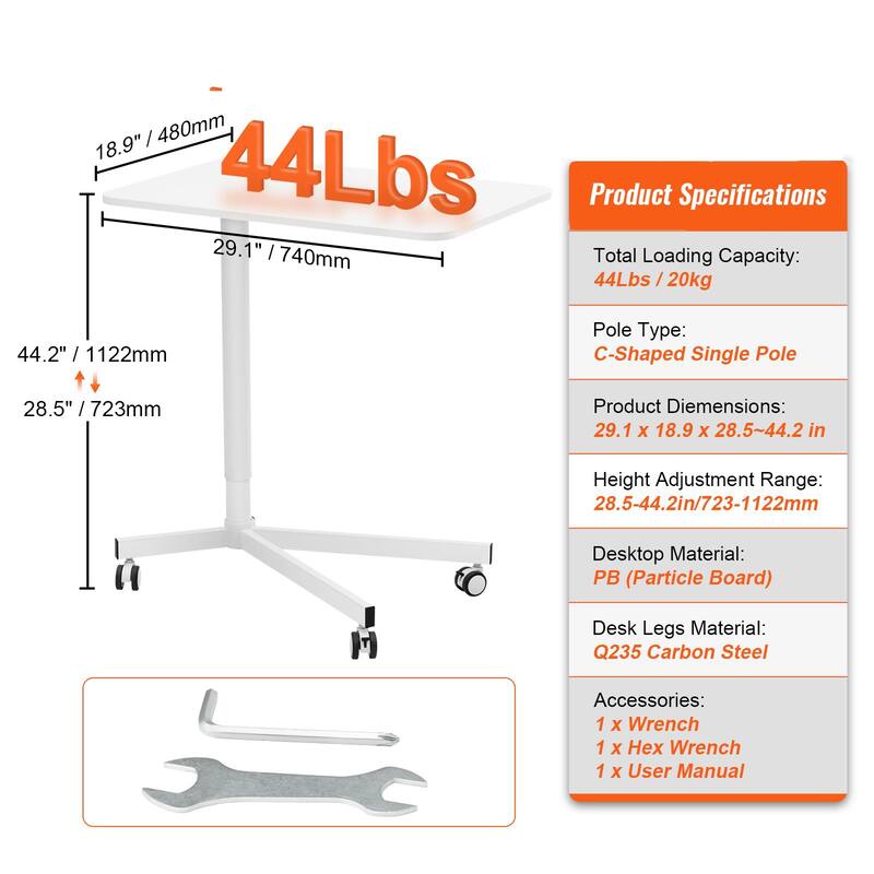 White Steel Mobile Standing Desk, Height Adjustable, Rolling and 44 lbs Load Capacity