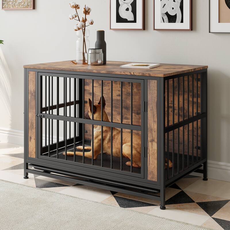 Dog Crate Furniture, Wooden Dog Crate Table, 38.9" Dog Kennel with 2 Sliding Doors