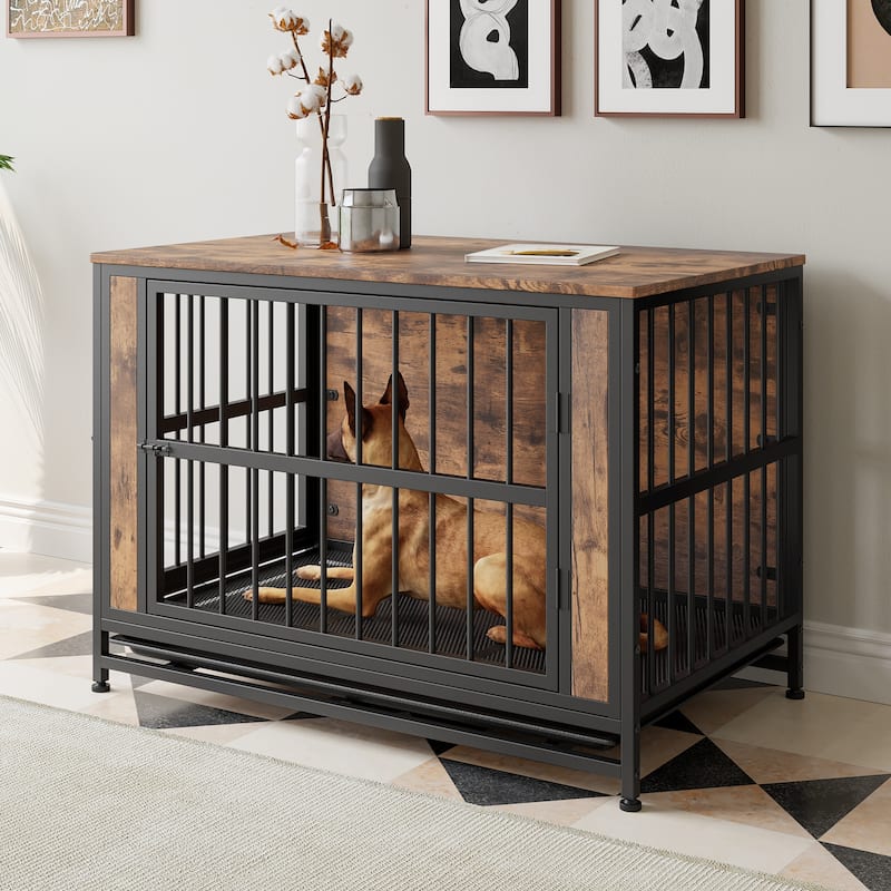 Dog Crate Furniture,Wooden Dog Crate Table,38.9" Dog Kennel with 2 Sliding Doors and Thick Iron Door Frame,Decorative Pet House - Black Brown