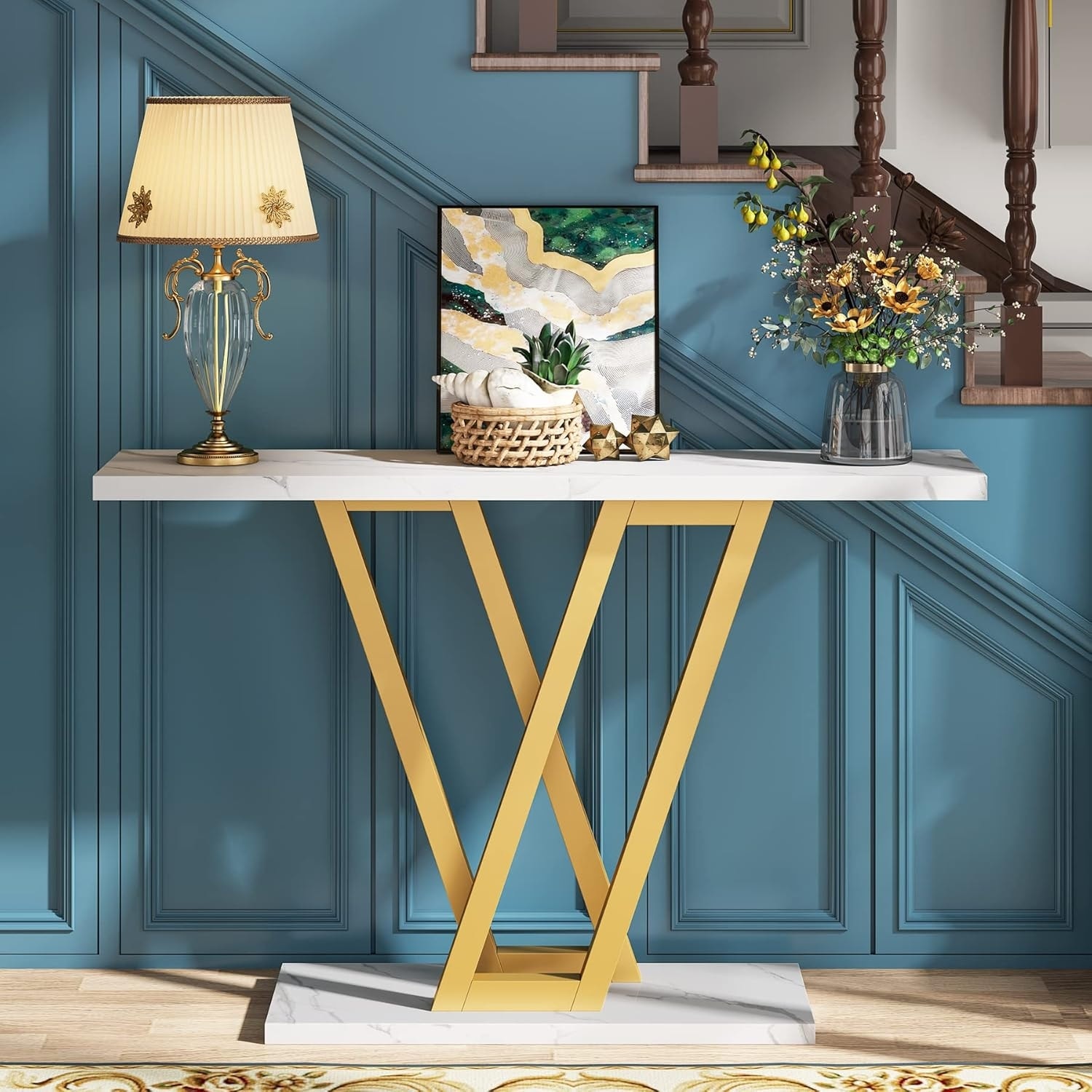 43" Modern Gold Console Table White & Gold