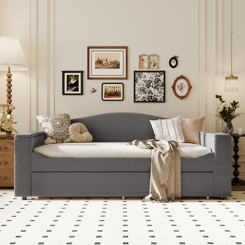 Twin Size Upholstered Daybed with Storage Armrests, Trundle and Latest Integrated Bluetooth Audio System, Teddy Fleece - Grey