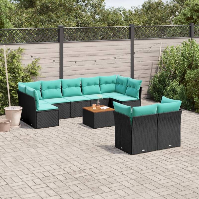 vidaXL 10 Piece Patio Sofa Set with Cushions Black Poly Rattan - 24.4x24.4x27.2 UV-proof, outdoor use