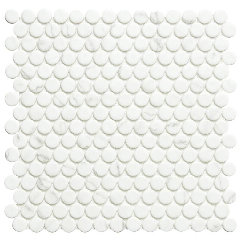 Eterna Penny 12x12 Glass Round Mosaic Tile - Floor, Wall, Backsplash - 1 Sheet (0.88 Sq. ft.) - Venato White