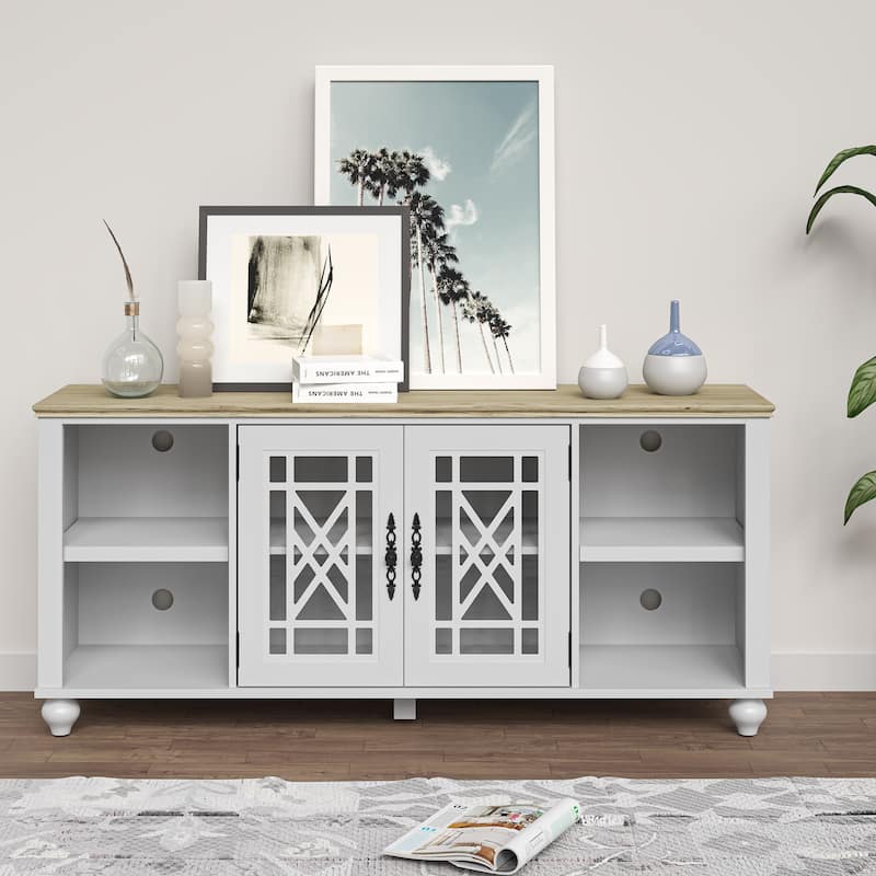 Vintage TV Stand with Carved Doors for Large Size TV - 60"W x 27"H x 15.5"D - Grayish-white