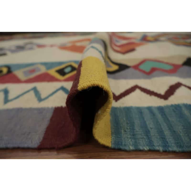 Hand Woven Oriental 100% Wool Carpet Southwestern Modern Beige & Ivories Kilim Area Rug - 12' 0'' X 5' 1''