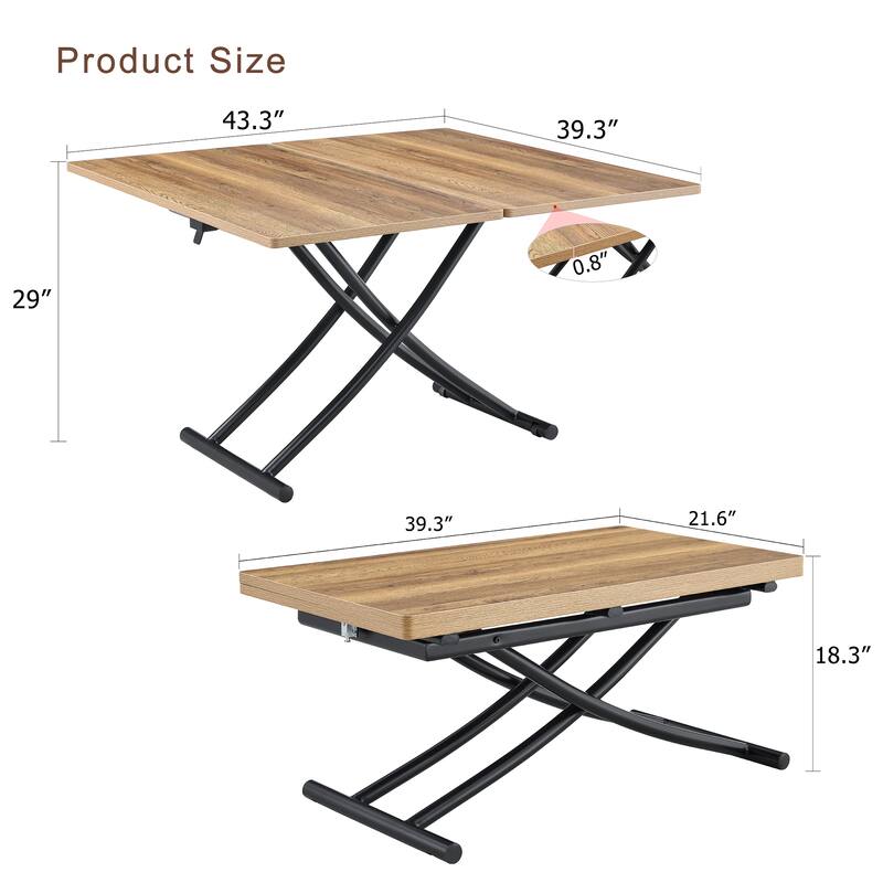 Modern Lift Table With 0.8-Inch Wood-Textured MDF Top & Black Metal Legs; Functions As Dressing, Coffee, Dining, Or Office Desk.