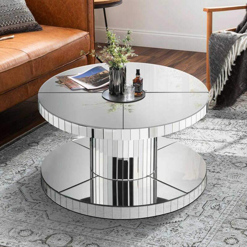 Double-Tier Luxury Round Mirror Coffee & End Table with Fluted Glass - 31.5" Diameter Modern Sofa Side Table