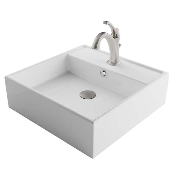 slide 2 of 30, Kraus 3-in-1 Set White Square Ceramic Vessel Sink Arlo Faucet w/ Drain spot free stainless steel