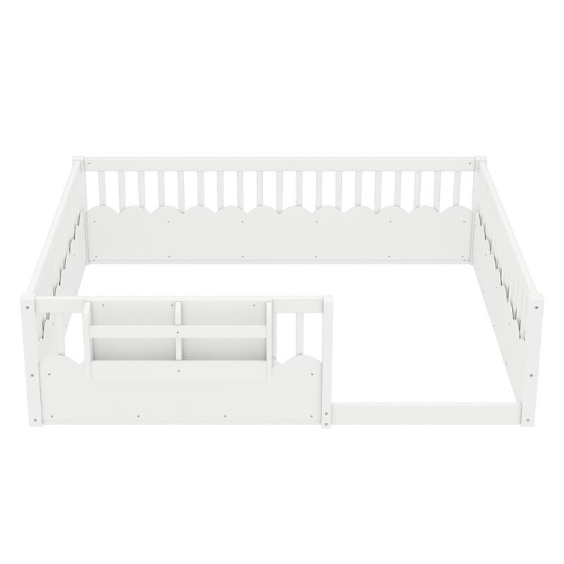 Queen Floor bed with Heightened Fence and bookshelf, Wood Floor Bed for Kids