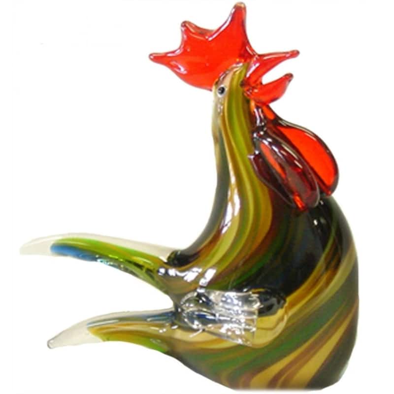 Brown,Green And Yellow Stripes Glass Rooster Figurine