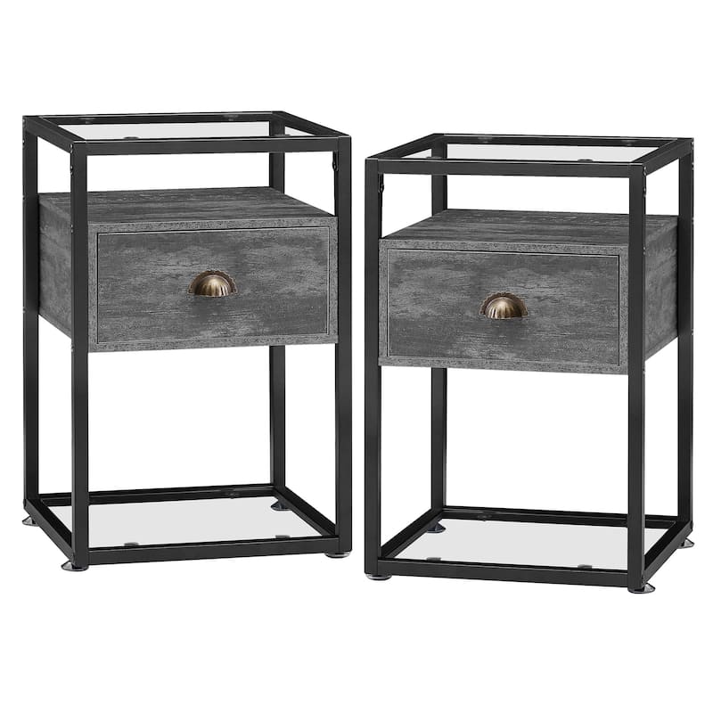VECELO (Set of 2) Modern 1-Drawer Nightstand with 2-tier Glass Shelves