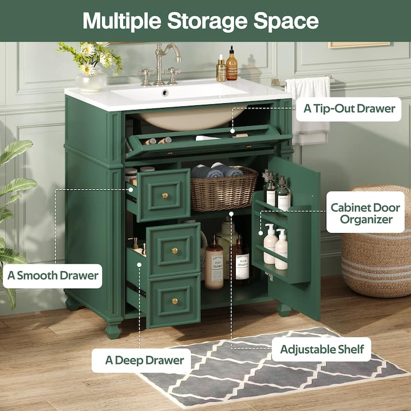 30 Inch Bathroom Vanity with Ceramic Sink, Bathroom Cabinet Integrated Ceramic Basin - Green - 30 Inch
