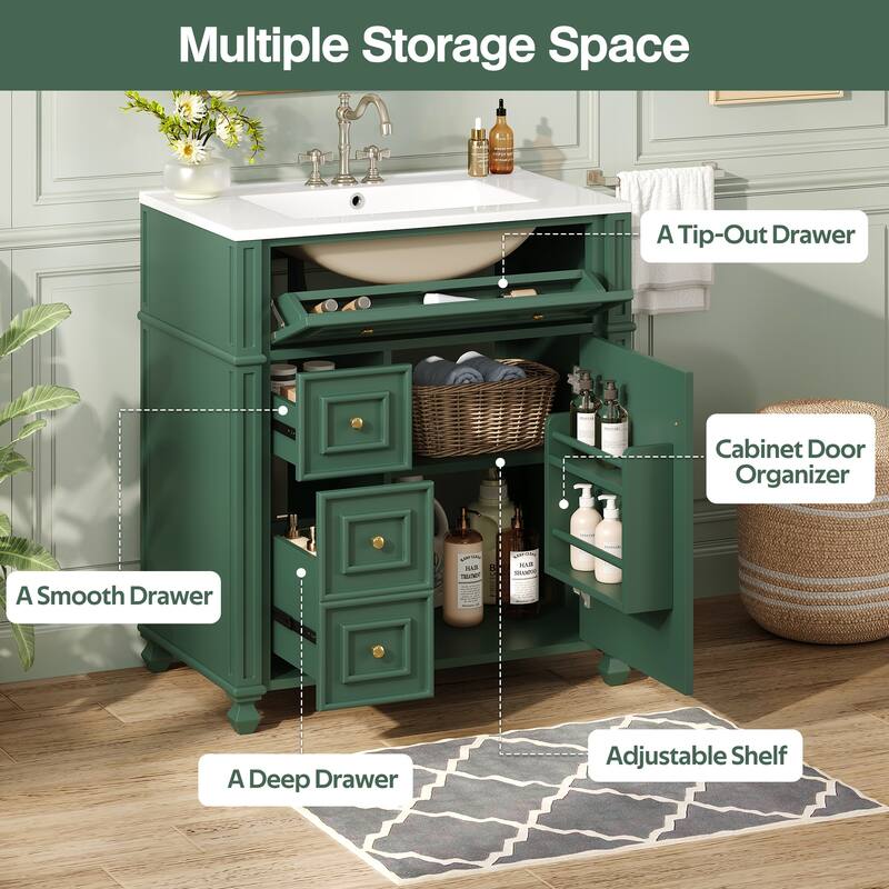 Roomfitters 30 Inch Bathroom Vanity with Ceramic Sink Basin, Soft Close Storage Cabinet & Door Organizer
