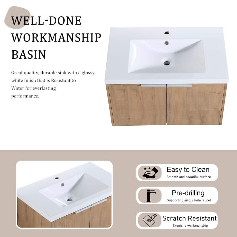 BNK 24"/30"/36" Single Sink Bathroom Vanity with Soft Close Door, Modern Floating Vanity