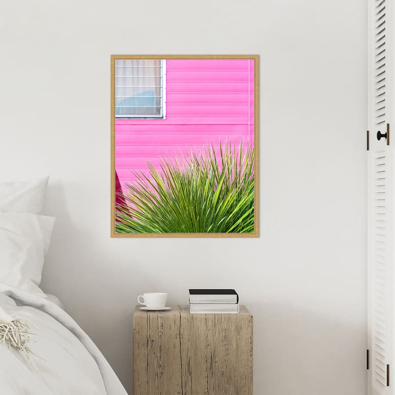 Vintage Pink Camper Trailer with Cactus by Tom Windeknecht Framed Canvas Wall Art Print - Sylvie Bright Gold