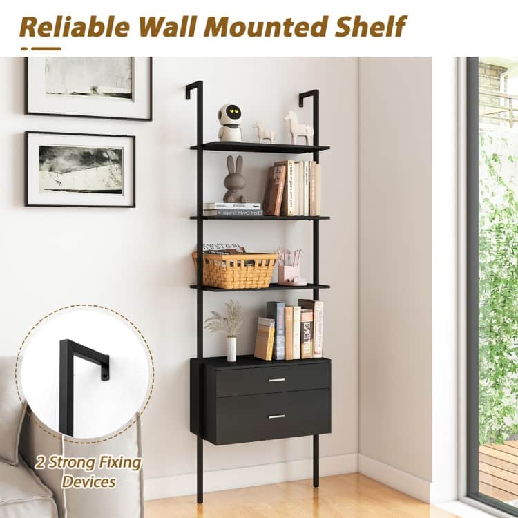 Black Engineered Wood Ladder Bookcase with Metal Frame and Drawers - 23.5" x 12" x 72.5"