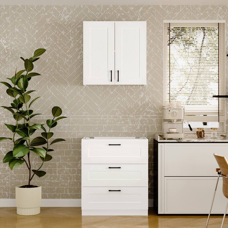 Modular White Kitchen Cabinet Set Customizable Base and Wall Cabinets Pantry Storage and DIY Countertop Design(Without desktop) - 29.9”(Drawers)Only