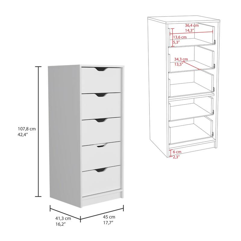 HomeRoots 18" White Five Drawer Dresser