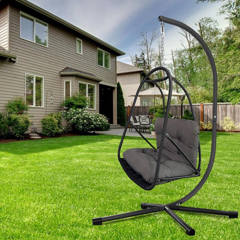 Wicker Swing Egg Chair with Metal Stand and Cup Holder, Patio Hanging Chair with Cushion and Pillow, C Type Bracket