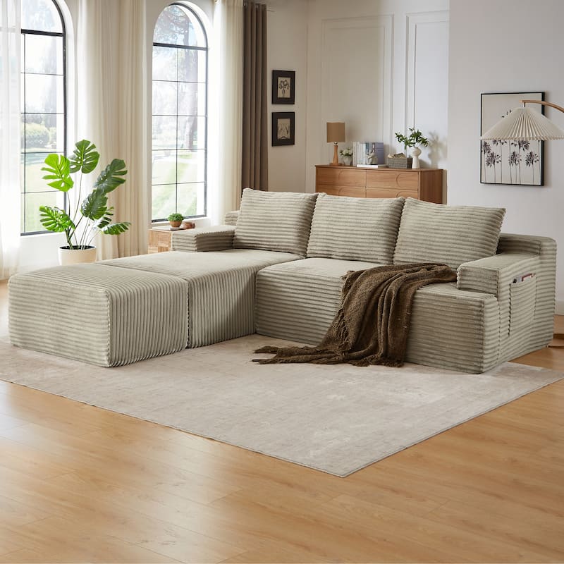Corduroy Upholstery Cloud Modular Sectional Sofa with Chaise and Pillows, All-Foam Compression Design