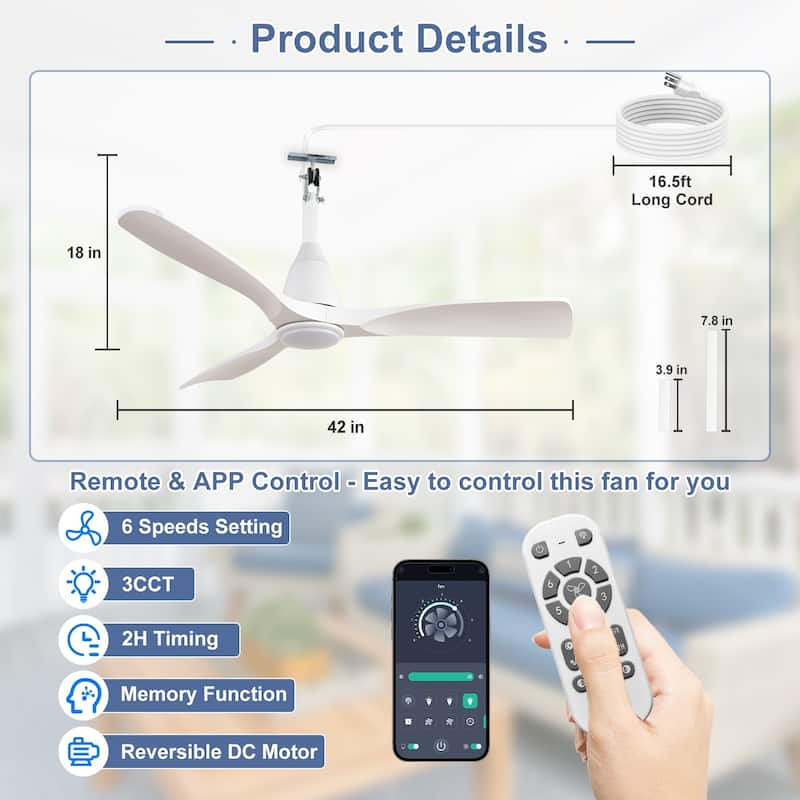 Waterproof Outdoor Ceiling Fan with Light: Plug-in Hanging Fan, Remote App Control, 3CCT, 6-Speed