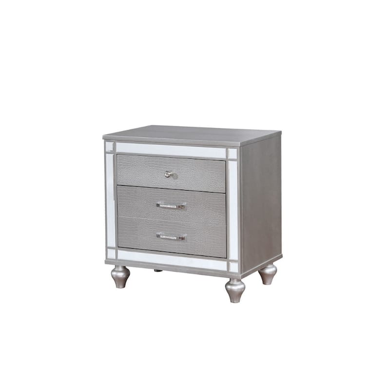 Three Drawer Solid Wood Nightstand with Mirror Accent Trim Front, Silver - Silver