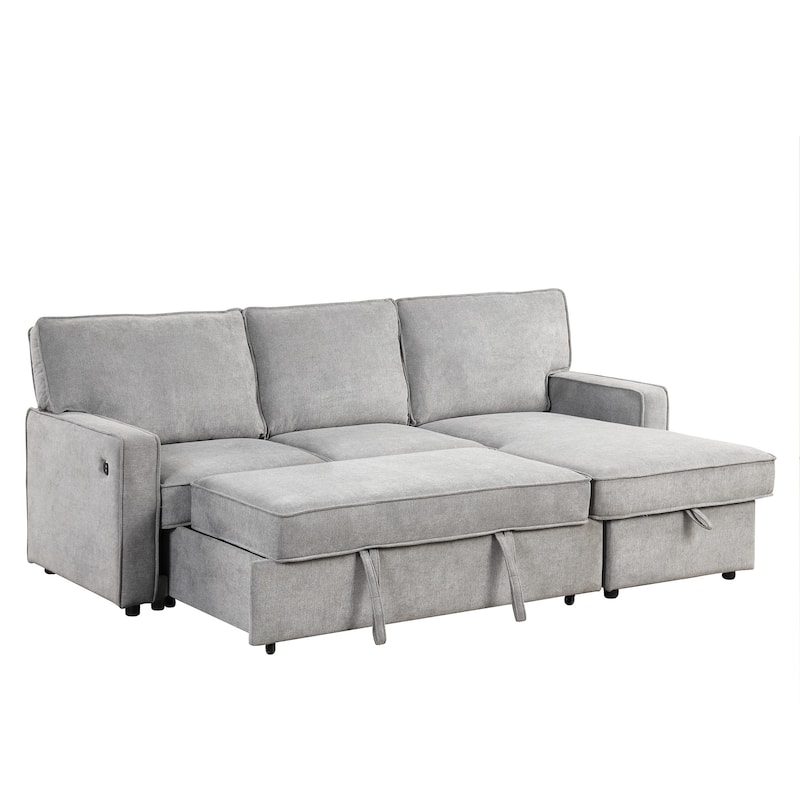 Gray Polyester Sleeper Sectional Sofa with Storage, Cup Holders & USB, 89x59x38 inches, 245 Pounds