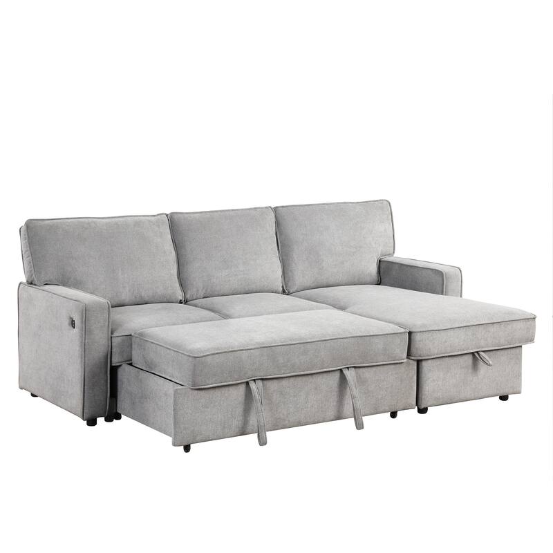 Upholstery Sleeper Sectional Sofa with Storage, USB Ports & Cup Holders, Convertible L-Shaped Couch with Chaise