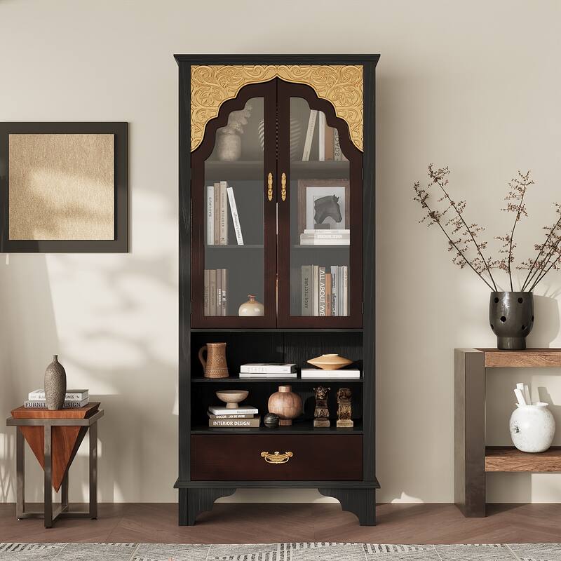 Asian Style Display Cabinet with Glass Doors Accent Curio Cabinet with Drawer Solid Wood and Tempered Glass Storage Shelf