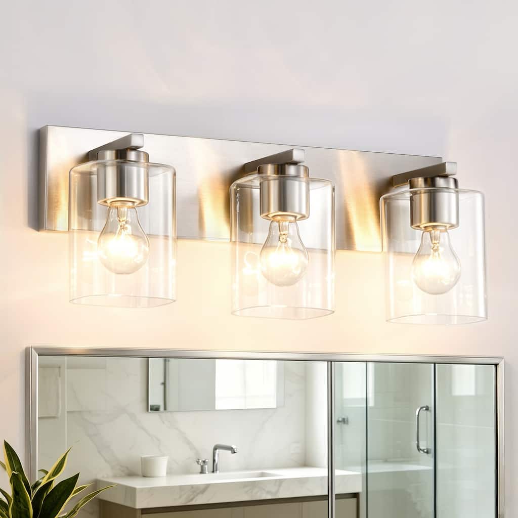 Modern Vanity Light with Clear Square Glass Shades, Dimmable, Up/Down Mountable, Damp Rated, 3/4/5 Light, 2 Finish Options