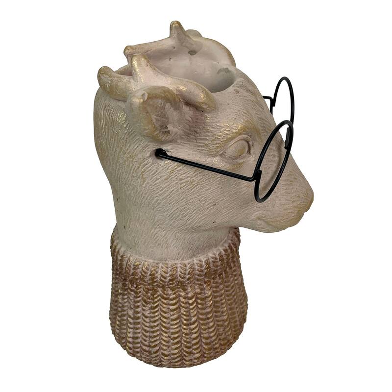 Bespectacled Deer Cement Vase 8.7" Gold Accents Knit Scarf Real Wire
